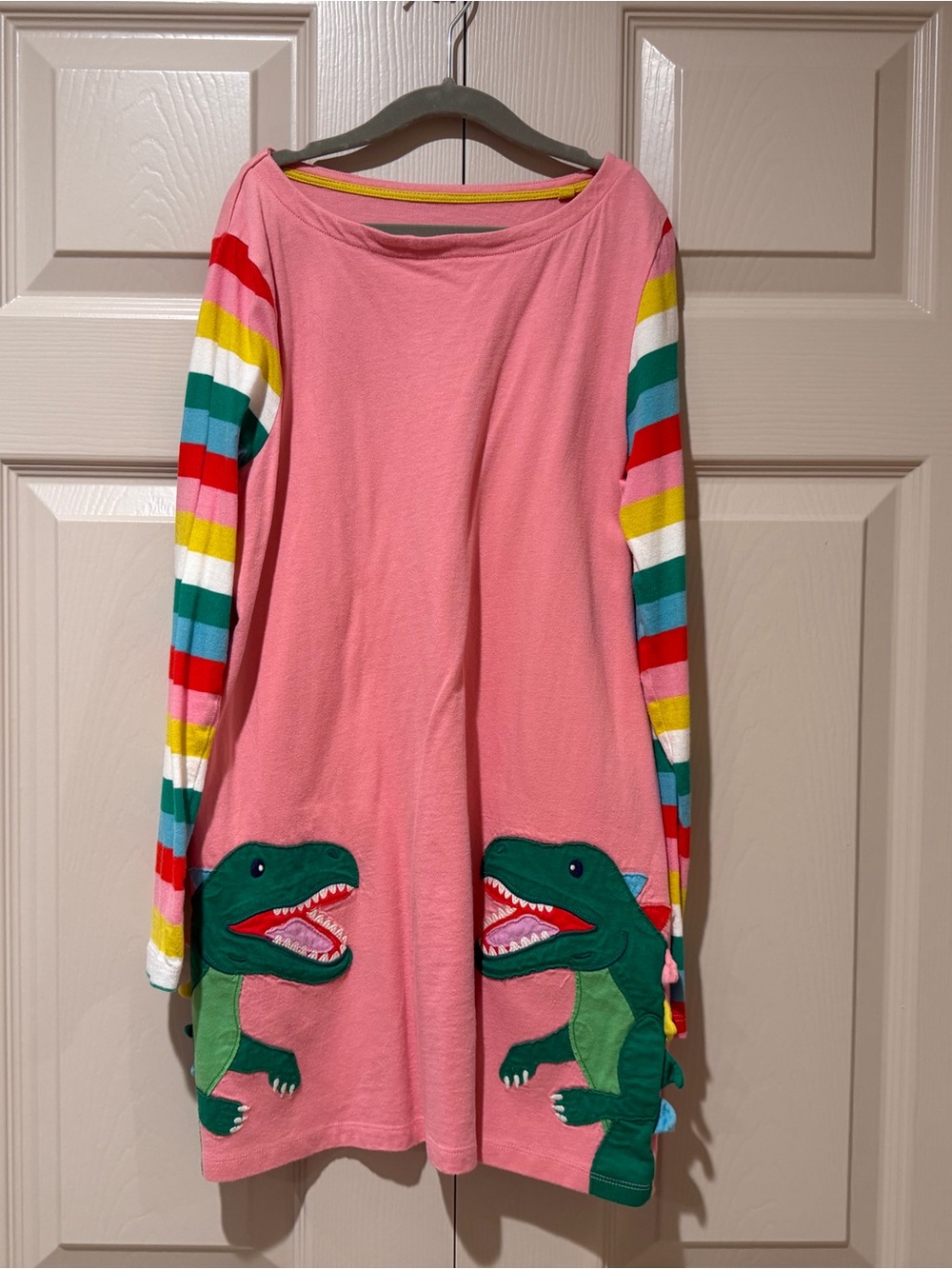 Mini Boden Pink Tunic with Rainbow-Striped Sleeves and Dinosaur Appliqués